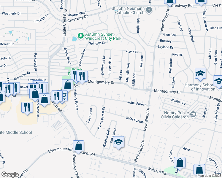 map of restaurants, bars, coffee shops, grocery stores, and more near 8122 Deer Forest in San Antonio