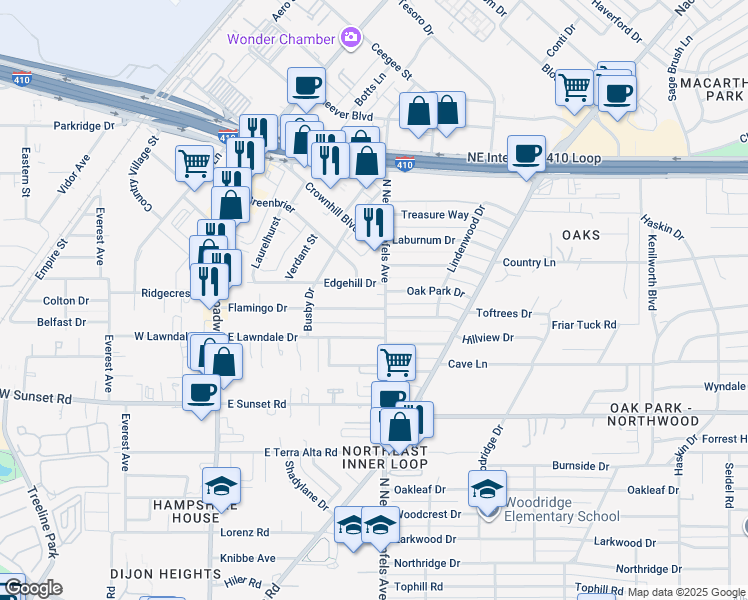 map of restaurants, bars, coffee shops, grocery stores, and more near 2111 Flamingo Drive in San Antonio