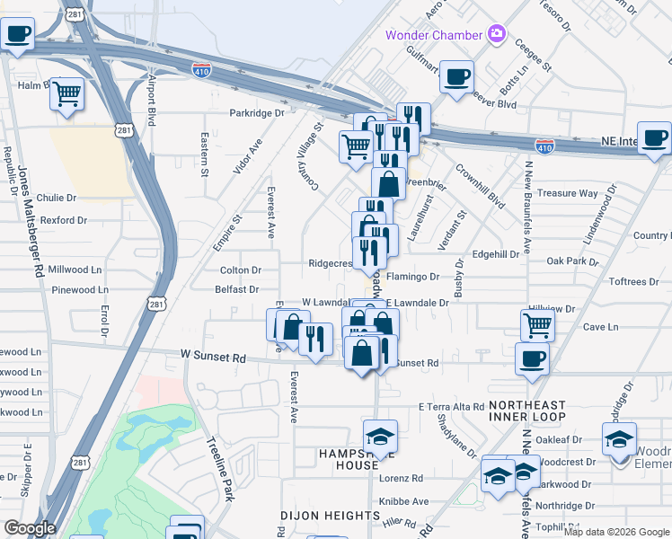 map of restaurants, bars, coffee shops, grocery stores, and more near 222 Ridgecrest Drive in San Antonio
