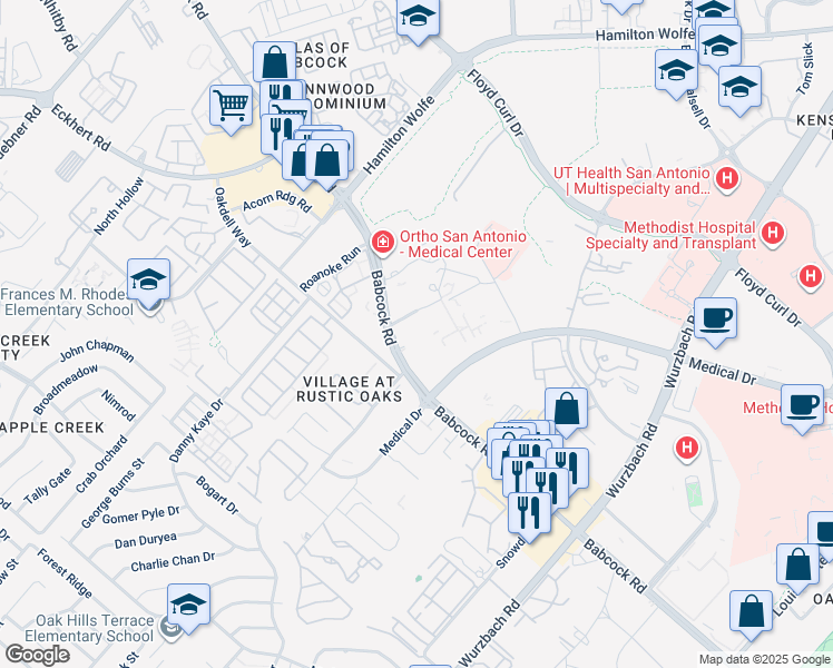 map of restaurants, bars, coffee shops, grocery stores, and more near 2727 Babcock Rd in San Antonio