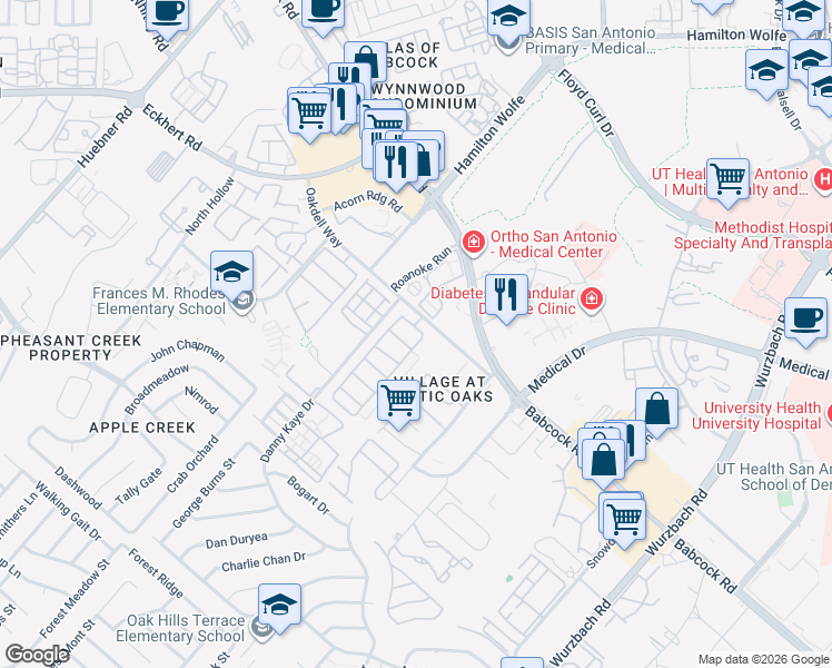 map of restaurants, bars, coffee shops, grocery stores, and more near 7703 Wexford Square in San Antonio