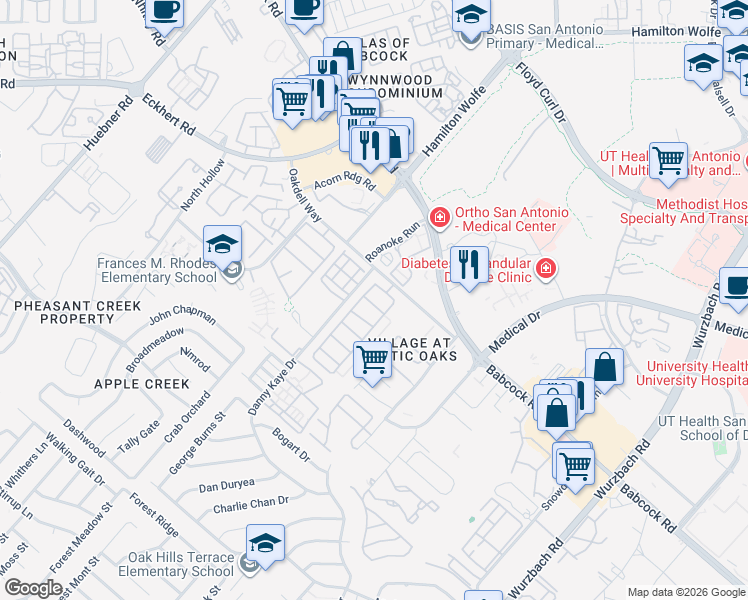 map of restaurants, bars, coffee shops, grocery stores, and more near 7731 Wexford Grove in San Antonio