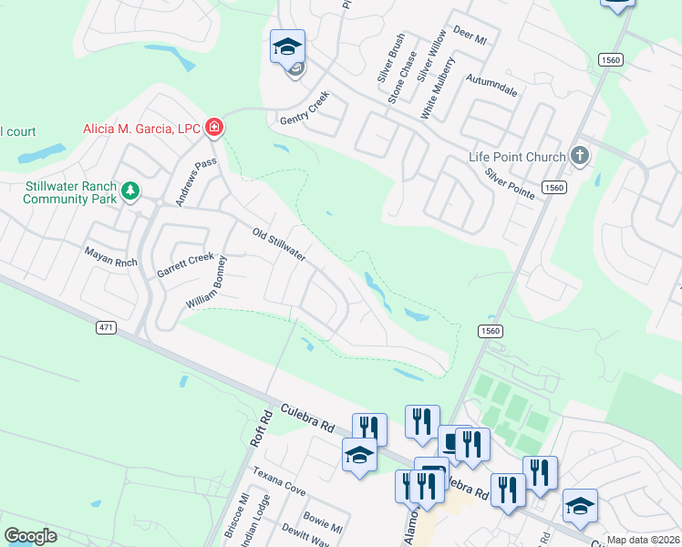 map of restaurants, bars, coffee shops, grocery stores, and more near 7636 McKinney Hills in San Antonio