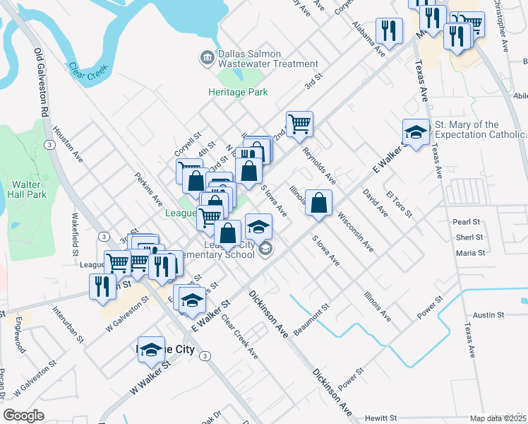 map of restaurants, bars, coffee shops, grocery stores, and more near 217 South Kansas Avenue in League City
