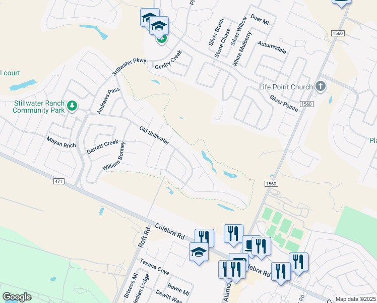 map of restaurants, bars, coffee shops, grocery stores, and more near 7647 McKinney Hills in San Antonio
