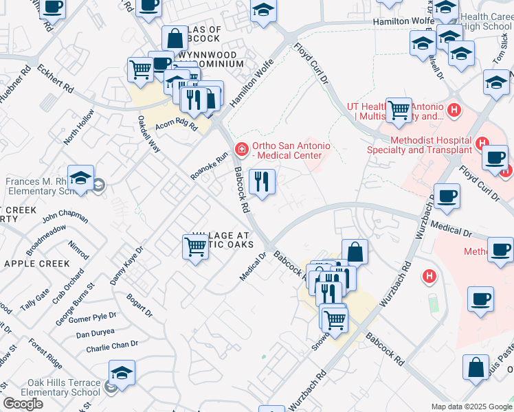 map of restaurants, bars, coffee shops, grocery stores, and more near 2727 Babcock Road in San Antonio