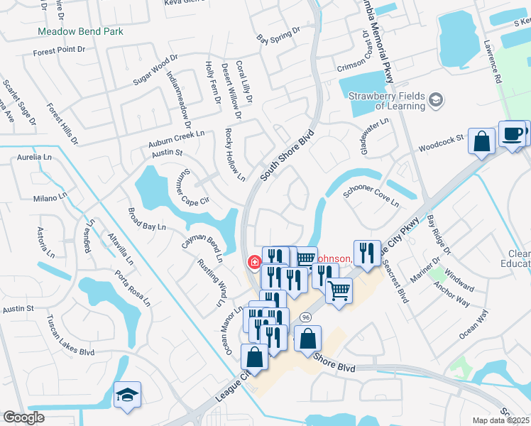 map of restaurants, bars, coffee shops, grocery stores, and more near 2959 Rustic Pier Lane in League City