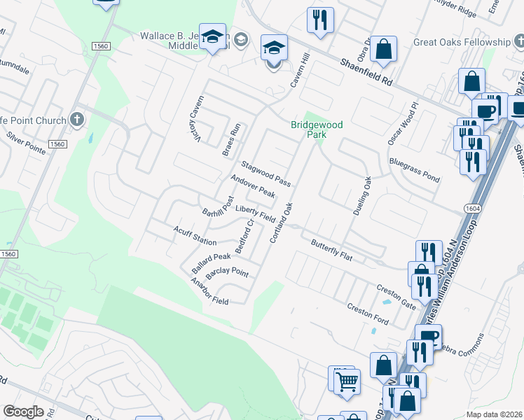 map of restaurants, bars, coffee shops, grocery stores, and more near 11006 Badger Peak in San Antonio