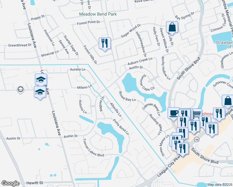 map of restaurants, bars, coffee shops, grocery stores, and more near 2904 Waterborough Court in League City
