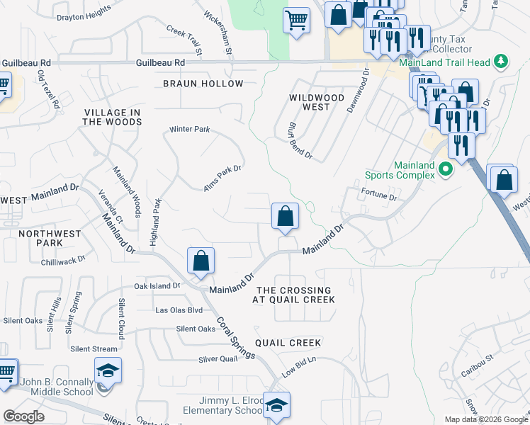 map of restaurants, bars, coffee shops, grocery stores, and more near 8606 Willow Glen Drive in San Antonio