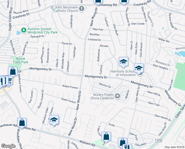 map of restaurants, bars, coffee shops, grocery stores, and more near 8202 Montgomery Oak in San Antonio