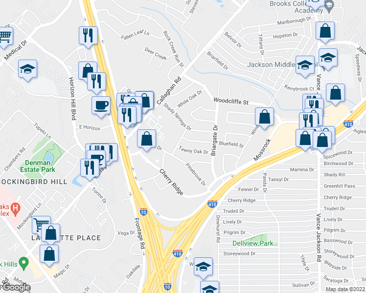 map of restaurants, bars, coffee shops, grocery stores, and more near 3221 Tawny Oak Drive in San Antonio
