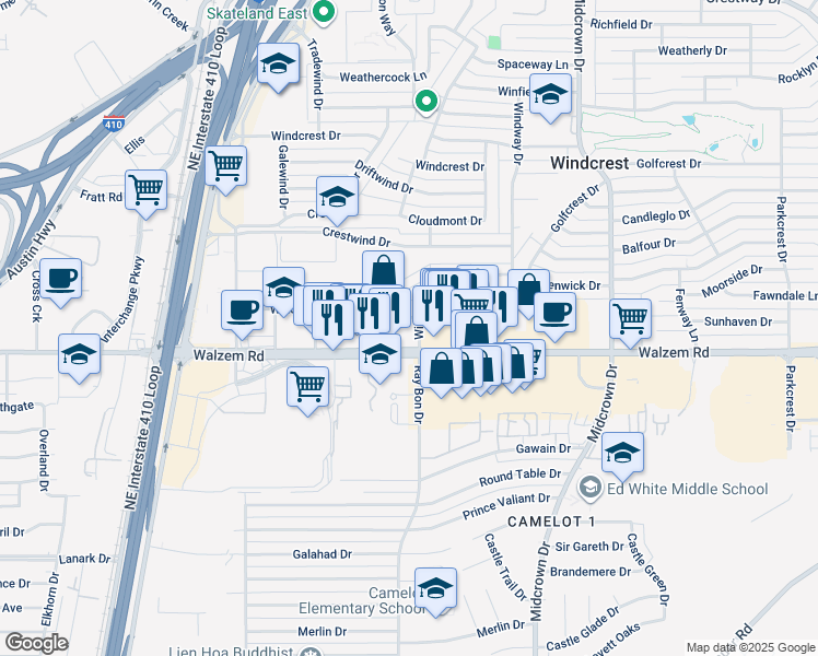 map of restaurants, bars, coffee shops, grocery stores, and more near 8220 Rough Rider Drive in Windcrest