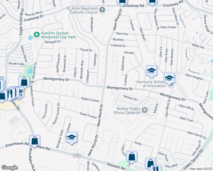 map of restaurants, bars, coffee shops, grocery stores, and more near 6729 Montgomery Drive in San Antonio