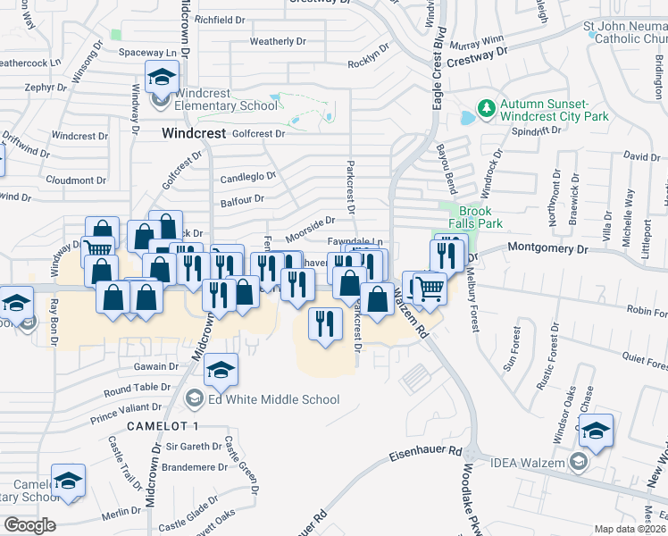 map of restaurants, bars, coffee shops, grocery stores, and more near 634 Sunhaven Drive in San Antonio
