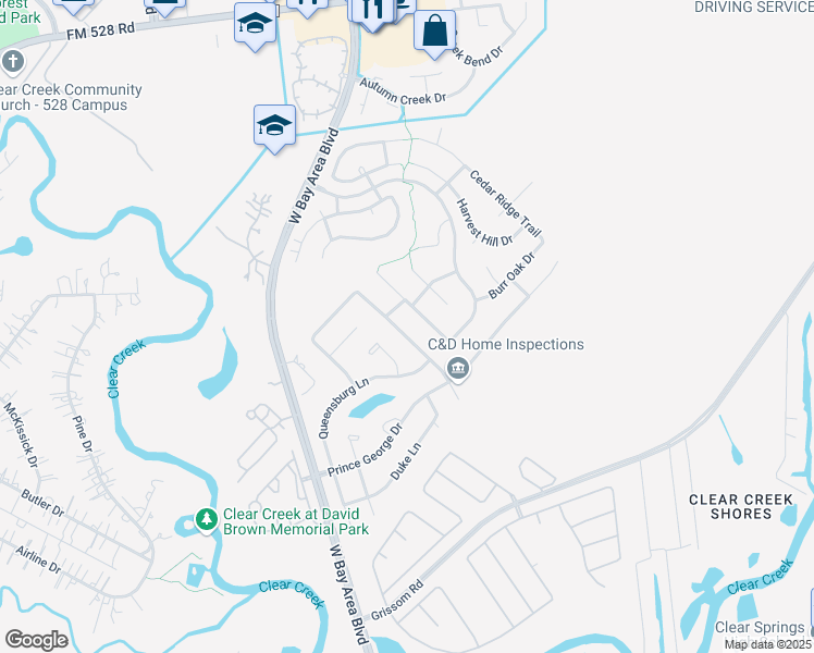 map of restaurants, bars, coffee shops, grocery stores, and more near 3214 Duchess Park Lane in Friendswood