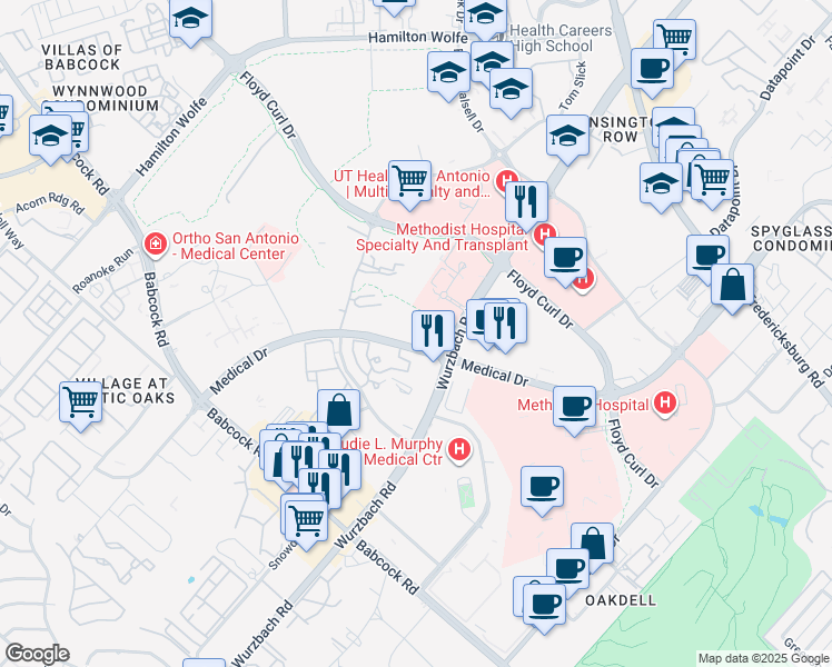 map of restaurants, bars, coffee shops, grocery stores, and more near 4901 Medical Drive in San Antonio