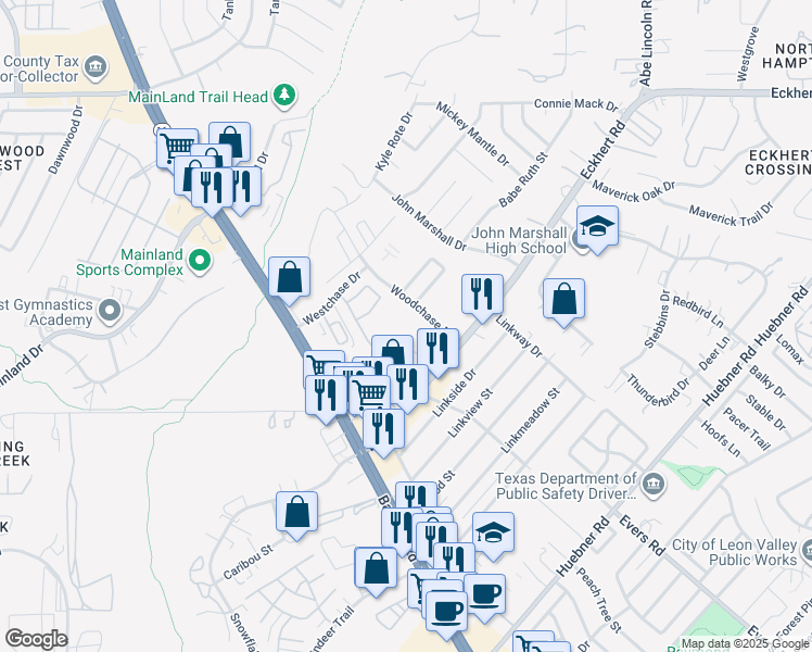 map of restaurants, bars, coffee shops, grocery stores, and more near 7791 Woodchase in San Antonio