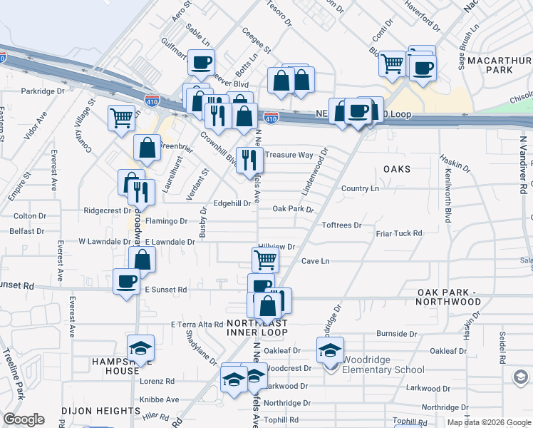 map of restaurants, bars, coffee shops, grocery stores, and more near 110 Oak Park Dr in San Antonio