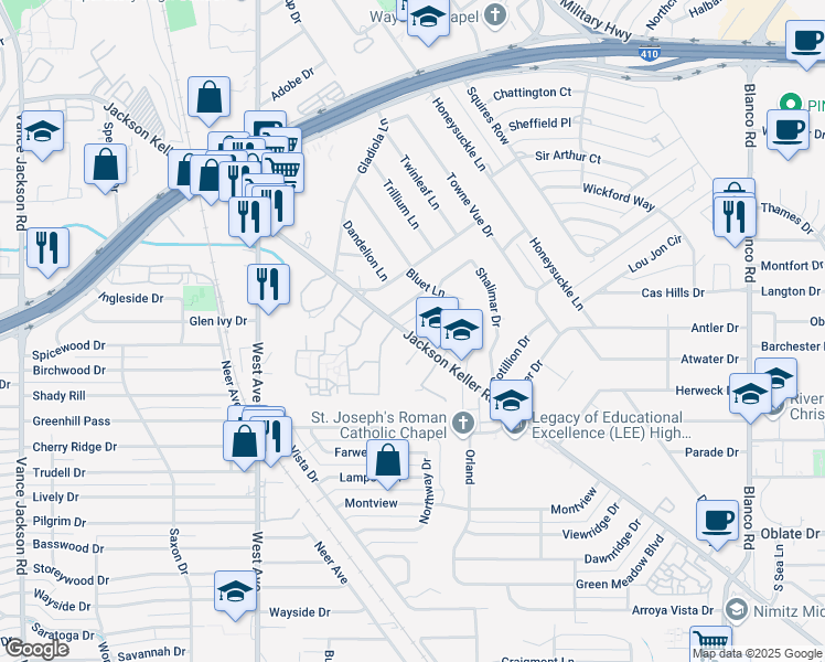 map of restaurants, bars, coffee shops, grocery stores, and more near 1701A Jackson Keller Road in Castle Hills