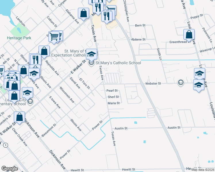 map of restaurants, bars, coffee shops, grocery stores, and more near 1509 Pearl Street in League City