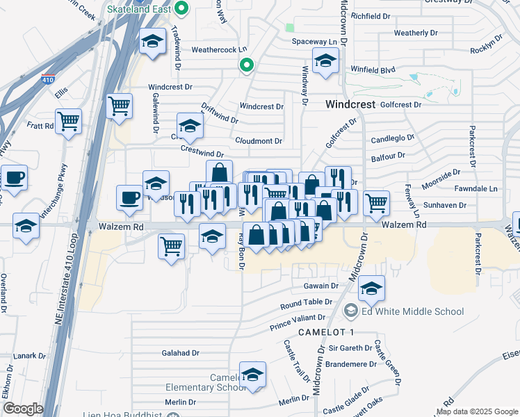 map of restaurants, bars, coffee shops, grocery stores, and more near 5235 Walzem Road in San Antonio