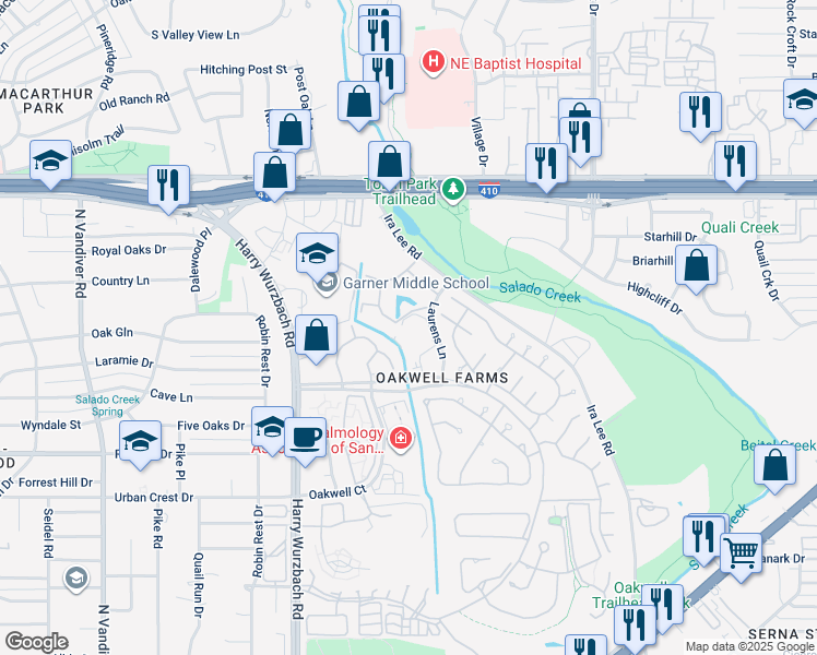 map of restaurants, bars, coffee shops, grocery stores, and more near 8501 Laurens Lane in San Antonio