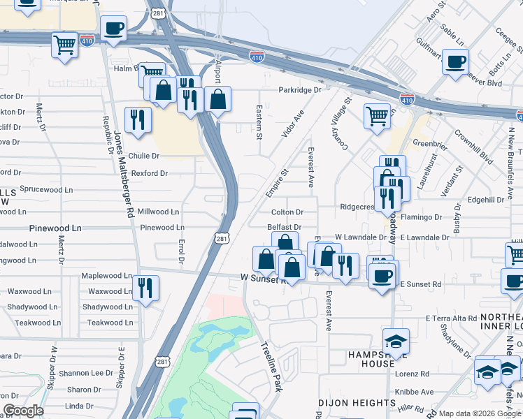 map of restaurants, bars, coffee shops, grocery stores, and more near 102 Colton Drive in San Antonio