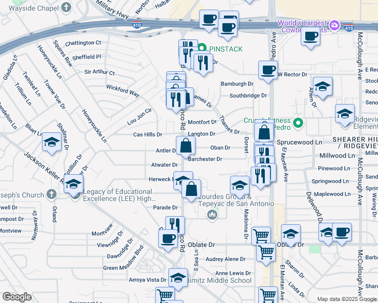 map of restaurants, bars, coffee shops, grocery stores, and more near 6014 Blanco Road in San Antonio