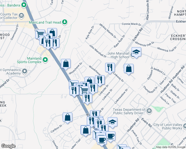 map of restaurants, bars, coffee shops, grocery stores, and more near 7791 Woodchase in San Antonio