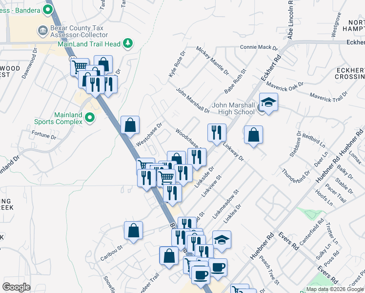map of restaurants, bars, coffee shops, grocery stores, and more near 7791 Woodchase in San Antonio