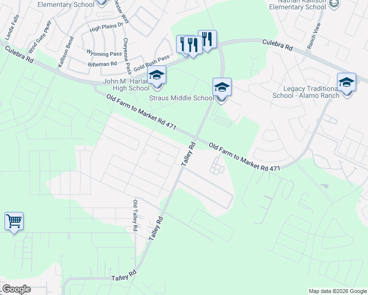 map of restaurants, bars, coffee shops, grocery stores, and more near 14311 Gunsight Pass in San Antonio