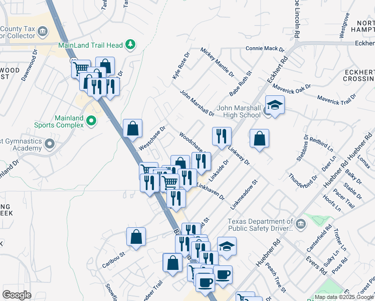 map of restaurants, bars, coffee shops, grocery stores, and more near 7791 Woodchase in San Antonio