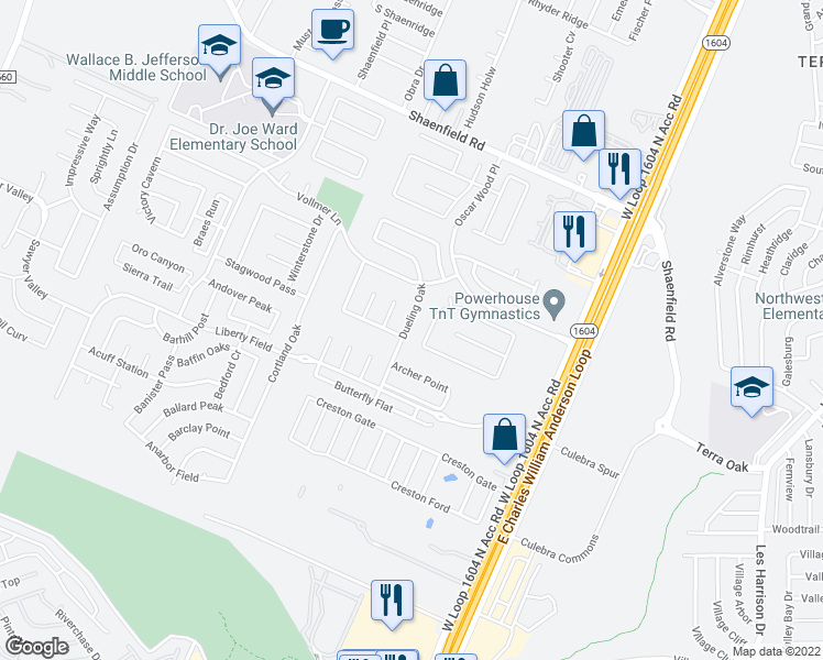 map of restaurants, bars, coffee shops, grocery stores, and more near 7810 Dueling Oak in San Antonio