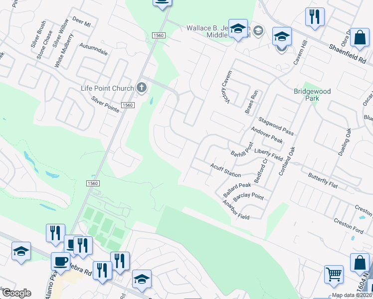 map of restaurants, bars, coffee shops, grocery stores, and more near 11427 Liberty Field in San Antonio