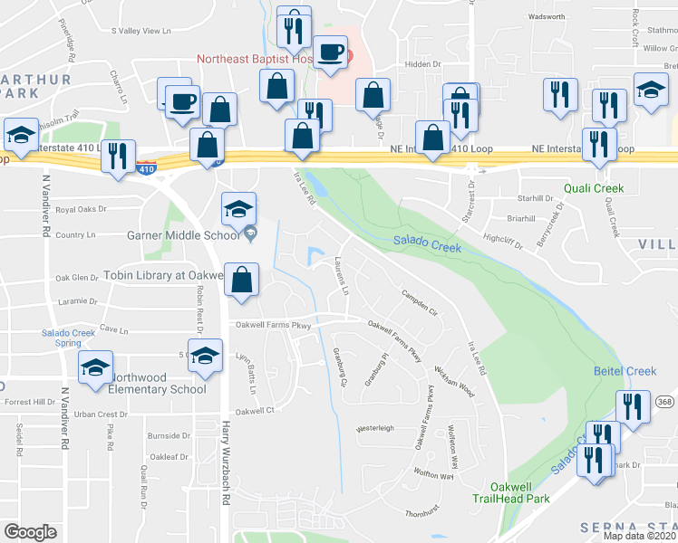 map of restaurants, bars, coffee shops, grocery stores, and more near 8542 Laurens Lane in San Antonio