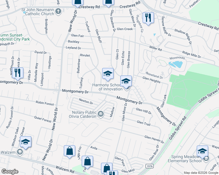 map of restaurants, bars, coffee shops, grocery stores, and more near 7047 Montgomery Drive in San Antonio