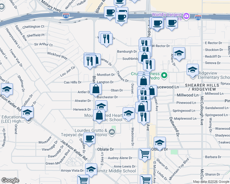 map of restaurants, bars, coffee shops, grocery stores, and more near 635 Barchester Drive in San Antonio