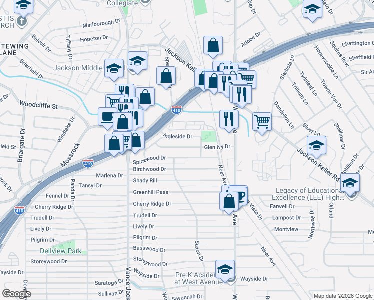 map of restaurants, bars, coffee shops, grocery stores, and more near 2331 Spicewood in San Antonio