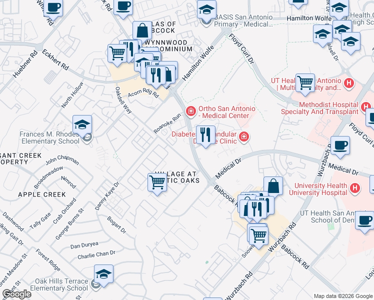 map of restaurants, bars, coffee shops, grocery stores, and more near 2800 Babcock Road in San Antonio