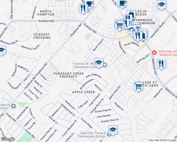 map of restaurants, bars, coffee shops, grocery stores, and more near 7907 Terranova in San Antonio