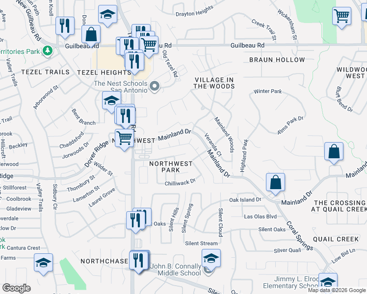 map of restaurants, bars, coffee shops, grocery stores, and more near 8815 Park Vista Drive in San Antonio