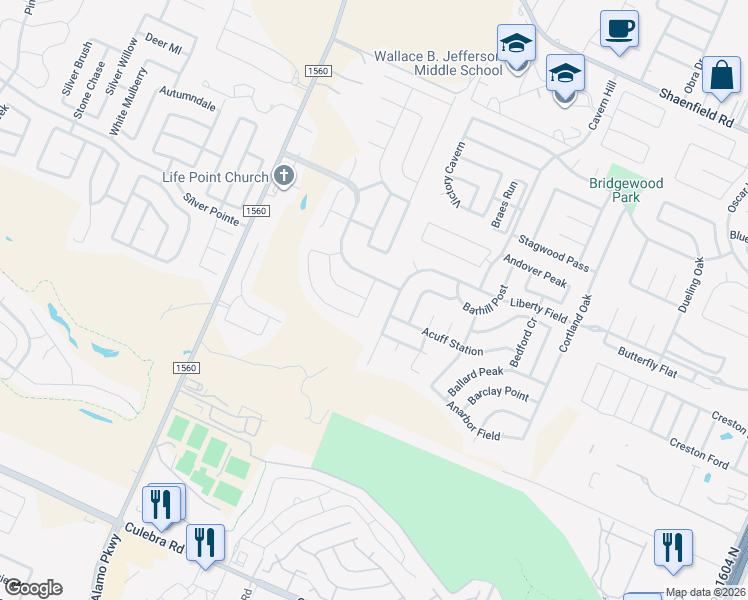 map of restaurants, bars, coffee shops, grocery stores, and more near 11427 Liberty Field in San Antonio