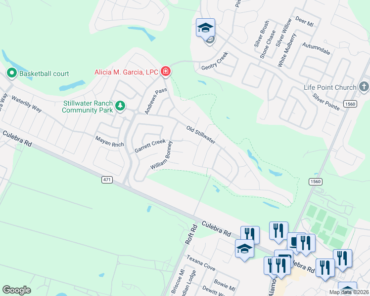 map of restaurants, bars, coffee shops, grocery stores, and more near 7619 Rushing Creek in San Antonio