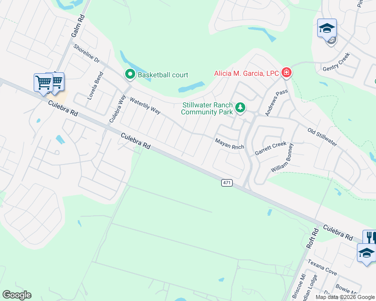 map of restaurants, bars, coffee shops, grocery stores, and more near 7807 Cactus Plum Drive in San Antonio