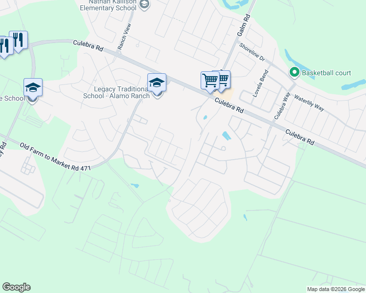 map of restaurants, bars, coffee shops, grocery stores, and more near 11043 Old Farm to Market Road 471 West in San Antonio