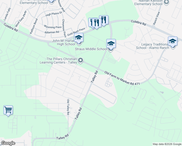 map of restaurants, bars, coffee shops, grocery stores, and more near 14311 Gunsight Pass in San Antonio