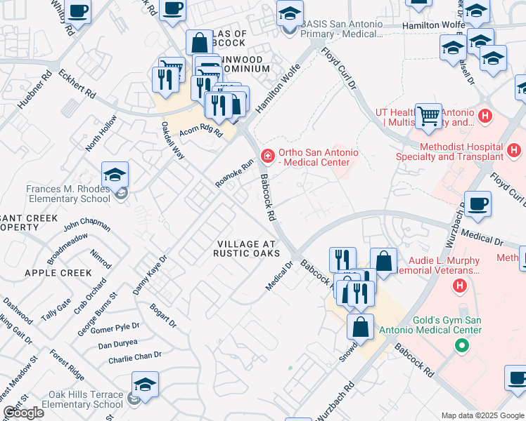 map of restaurants, bars, coffee shops, grocery stores, and more near 2810 Babcock Road in San Antonio