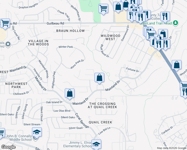 map of restaurants, bars, coffee shops, grocery stores, and more near 8606 Willow Glen in San Antonio