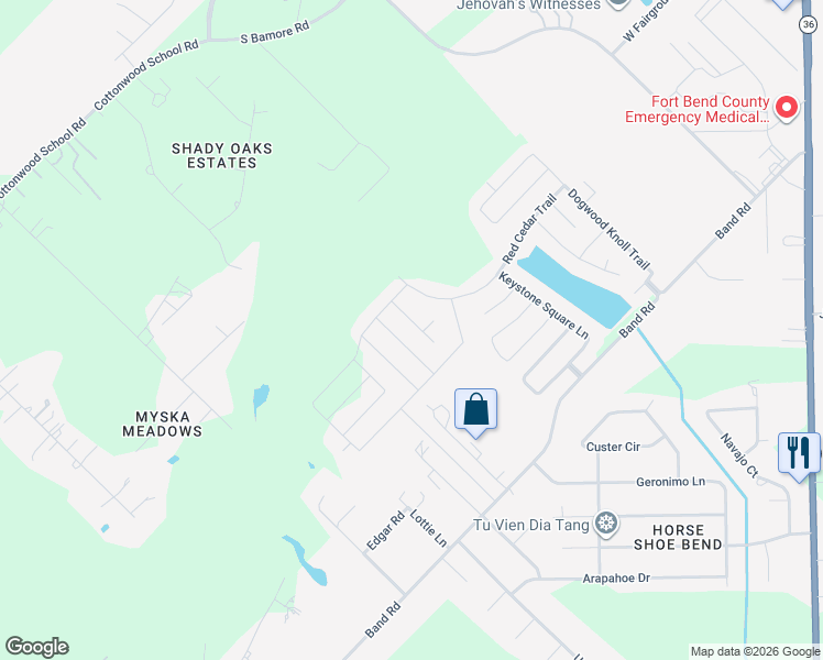 map of restaurants, bars, coffee shops, grocery stores, and more near 3002 Country Clearing Lane in Rosenberg